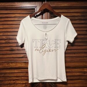 True Religion Ribbed Rhinestone White Short Sleeve Tee with Gold Script Logo Med